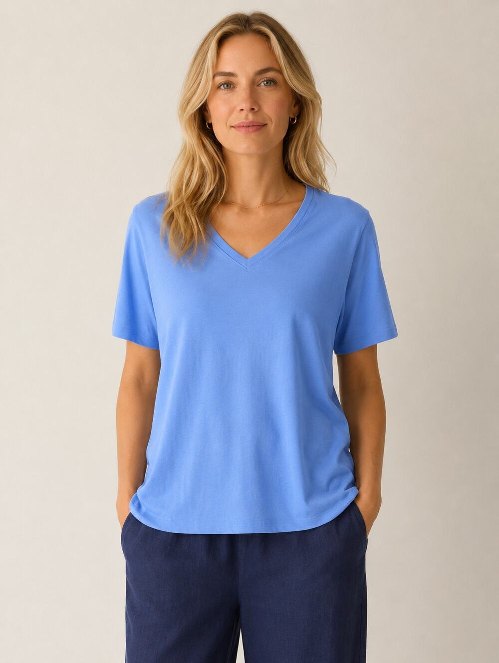 Eileen Fisher V-Neck T-Shirt Womens Small Blue Organic Cotton Slub Short Sleeve